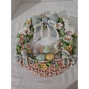 13" Hand Painted Easter Resin Wreath Bunny Holiday Seasonal Spring #59054